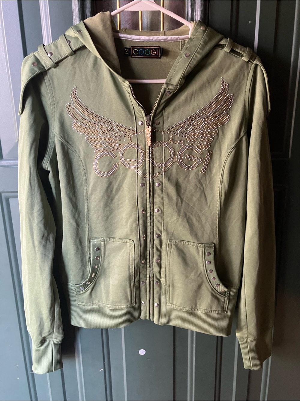 COOGI Y2K Olive Green Embellished Wing Bomber Hoodie